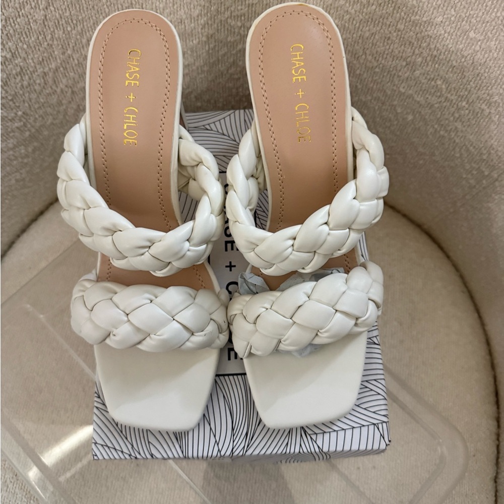 Chase + Chloe White Braided Double-Strap Square-Toe Mules